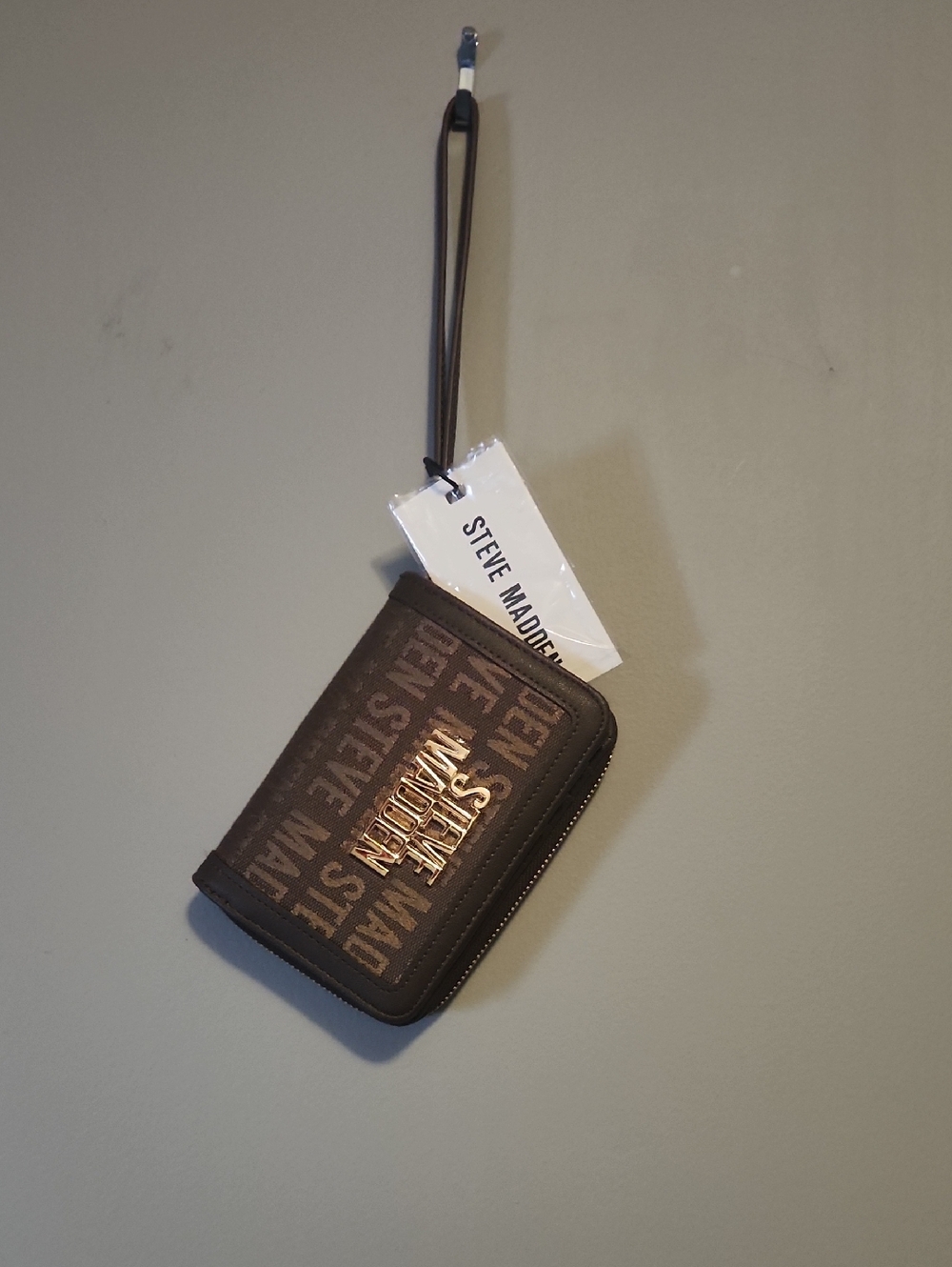 Steve Madden Dark Brown Logo Zip-Around Wristlet